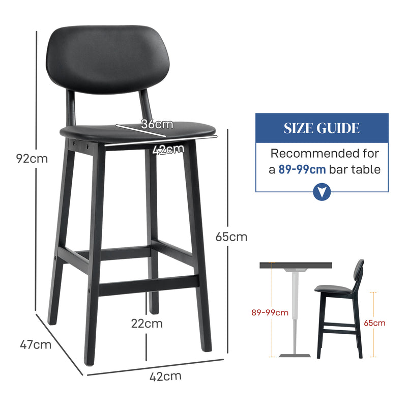 Set of 2 Wooden Bar Stools with Padded Faux Leather Seats Ideal for Kitchen or Home Bar Black
