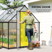 Walk-In Polycarbonate Greenhouse 6x6.5ft | Aluminium Frame, Roof Vent & Rain Gutter – Black Outsunny