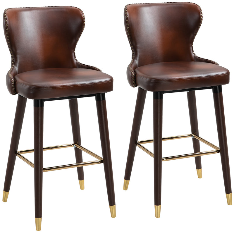 Set of 2 PU Leather Bar Stools with Backrest for Kitchen Counter Height Seating Brown
