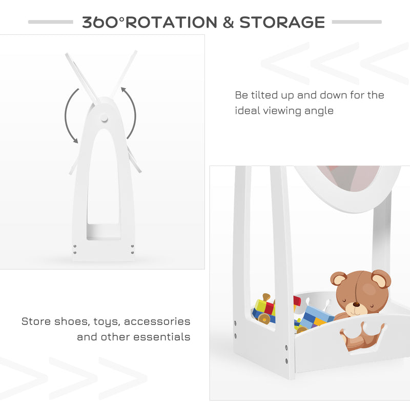 Kids White Clothes Rail With Rotating Full Length Mirror And Storage Shelves For Bedroom