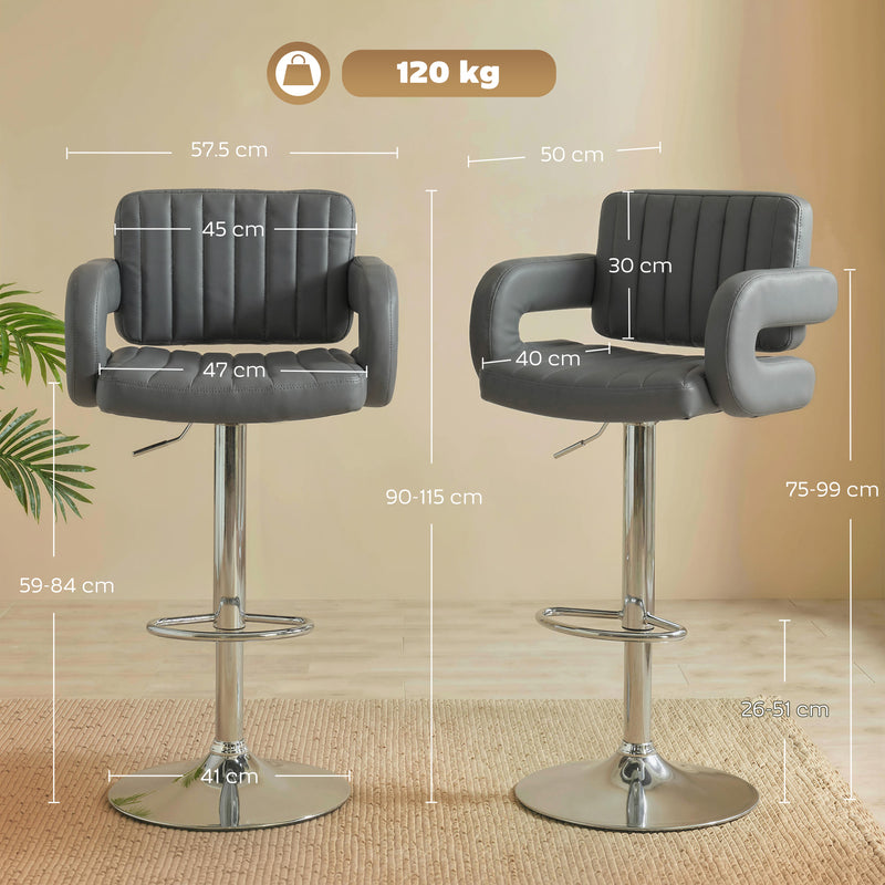 HOMCOM Bar Stools Adjustable Swivel Kitchen Chairs with Backrest Armrest Set of 2 PU Leather Grey AOSOM