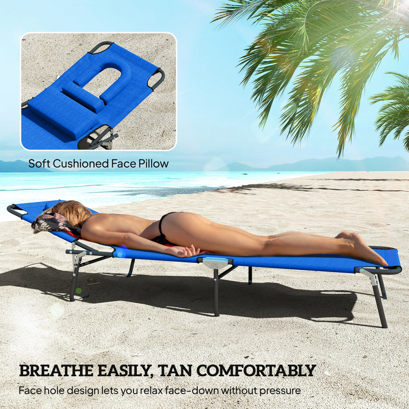 Blue Folding Sun Lounger Set of 2 with Adjustable Backrest and Face Hole for Garden Use