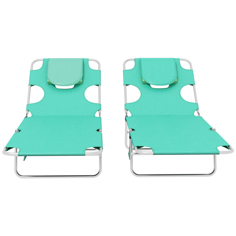 Green Foldable Sun Lounger Set of 2 with Reading Hole and Adjustable Backrest for Garden