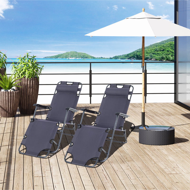 Grey 2 Seater Folding Sun Lounger Set With Reclining Backrest For Garden Relaxation