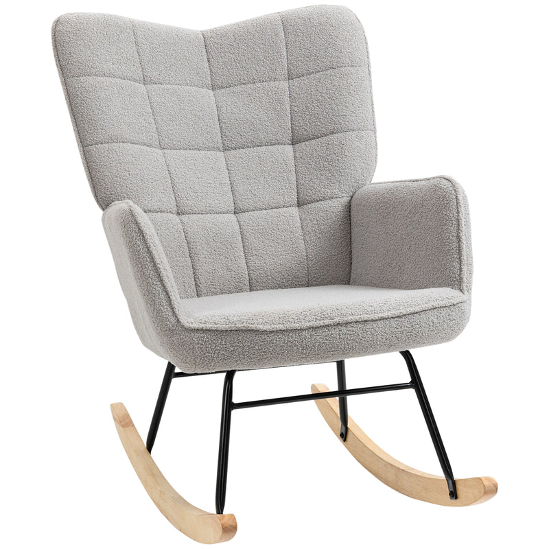Wingback Nursery Rocking Chair With Berber Fleece Ideal for Nursing and Relaxing Light Grey