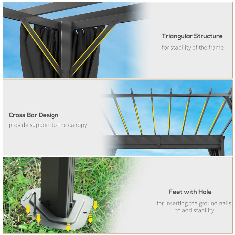 3.6 x 3m Metal Garden Pergola with Retractable Canopy and Curtains for Shaded Outdoor Dining, Dark Grey