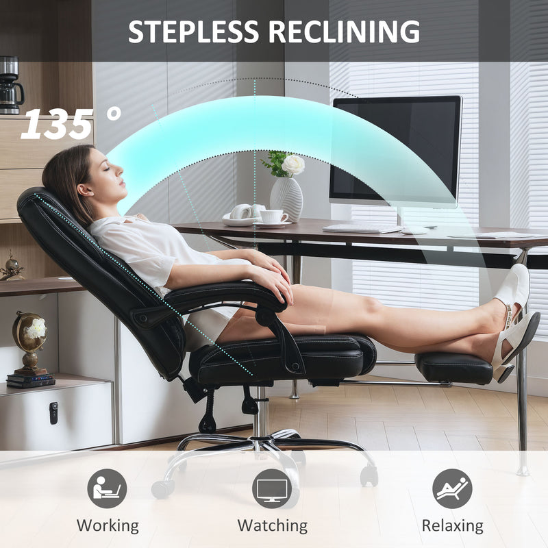 Reclining Faux Leather Office Chair With Footrest For All Day Comfort Black