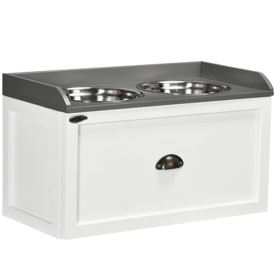 Stainless Steel Raised Dog Bowls With Storage Drawer For Large Pets, White
