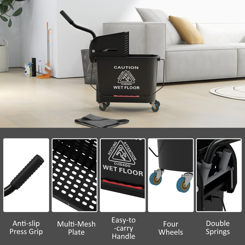 HOMCOM 20L Compact Mop Bucket on Wheels, with Water Separation Panel - Black