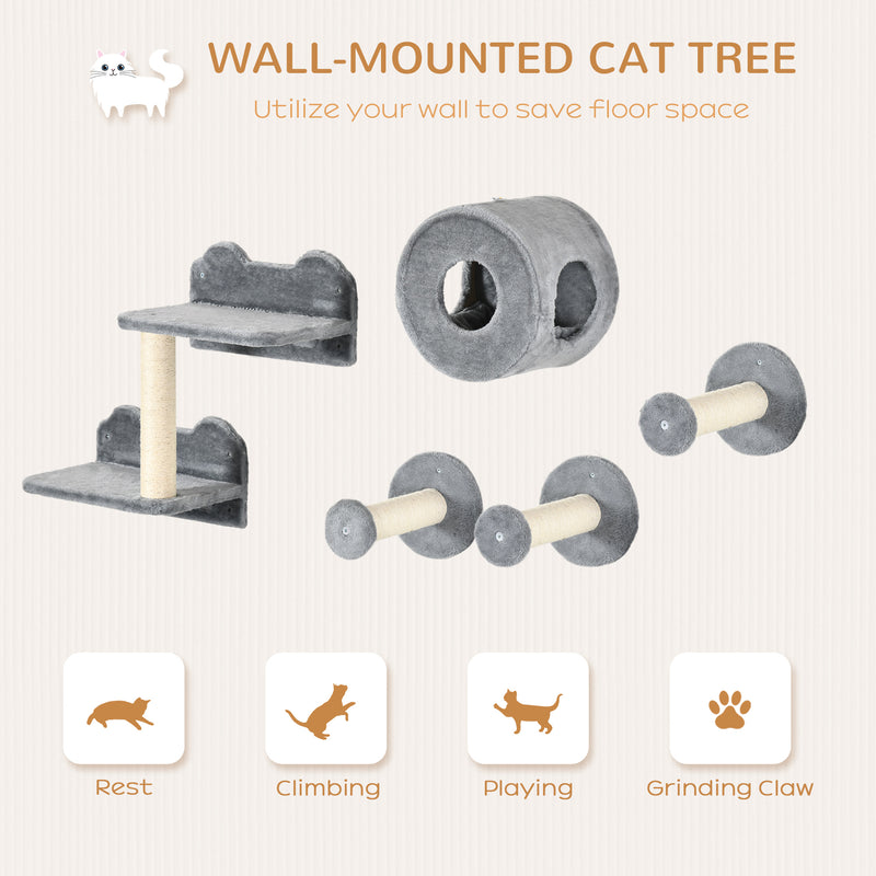 5 Piece Wall Mounted Cat Furniture Set With Perch and Scratching Post Grey AOSOM