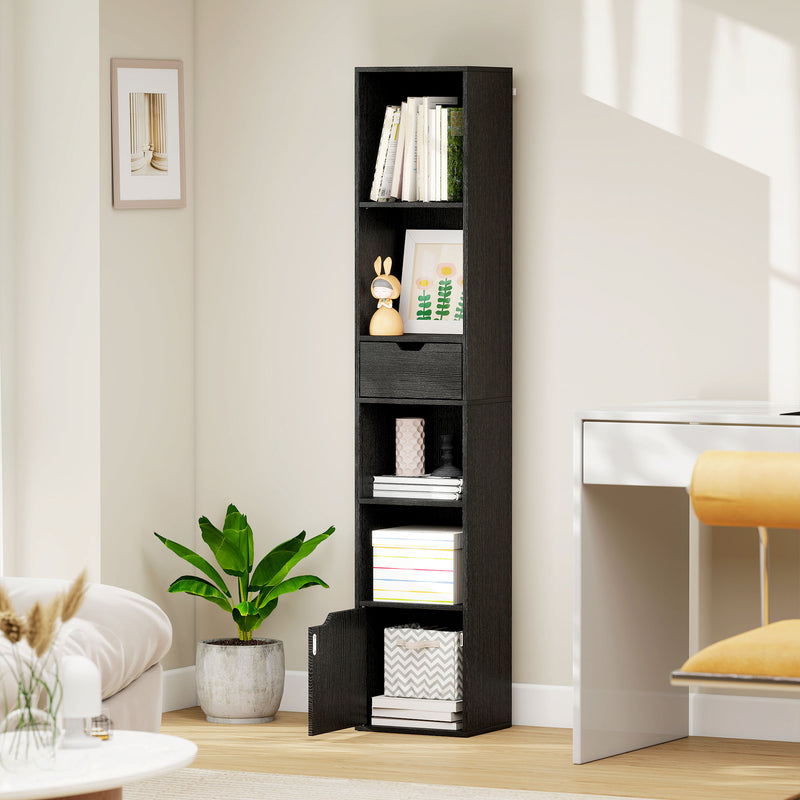 Tall Narrow 6 Tier Bookcase with Drawer and Cupboard for Home Storage Black AOSOM