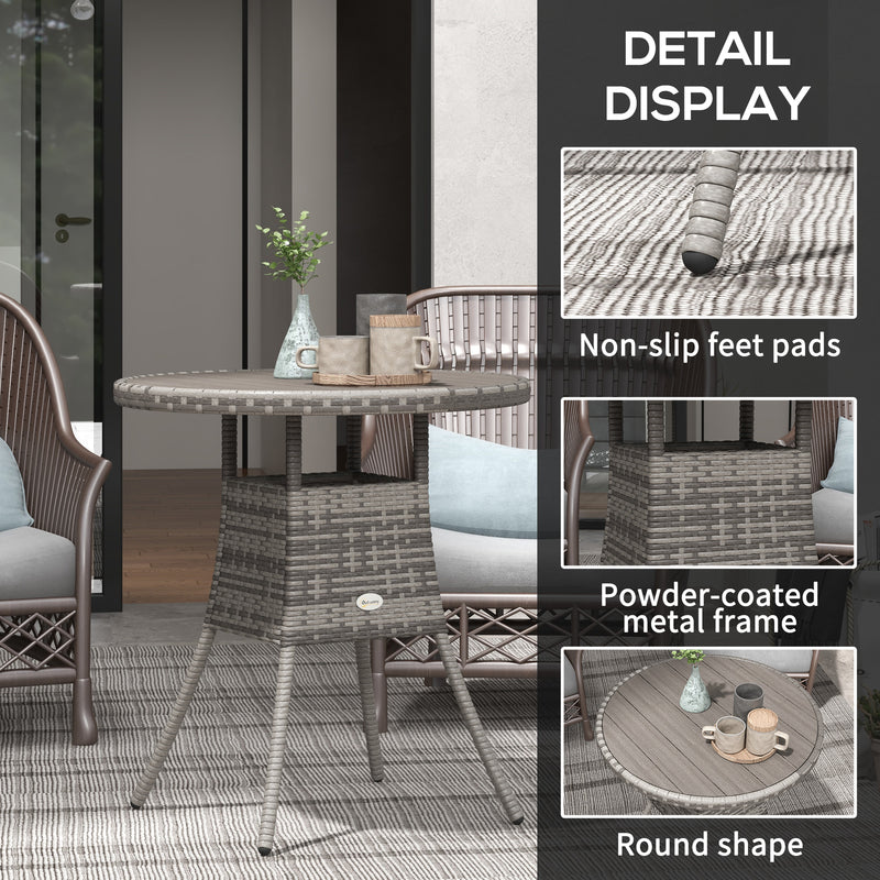 Grey Round 4 Seater Rattan Garden Table with Wood Effect Top for Outdoor Dining 70cm