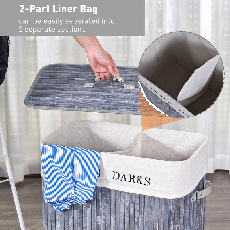 Grey 100L Collapsible Wooden Laundry Basket With Lid And Removable Lining For Storage