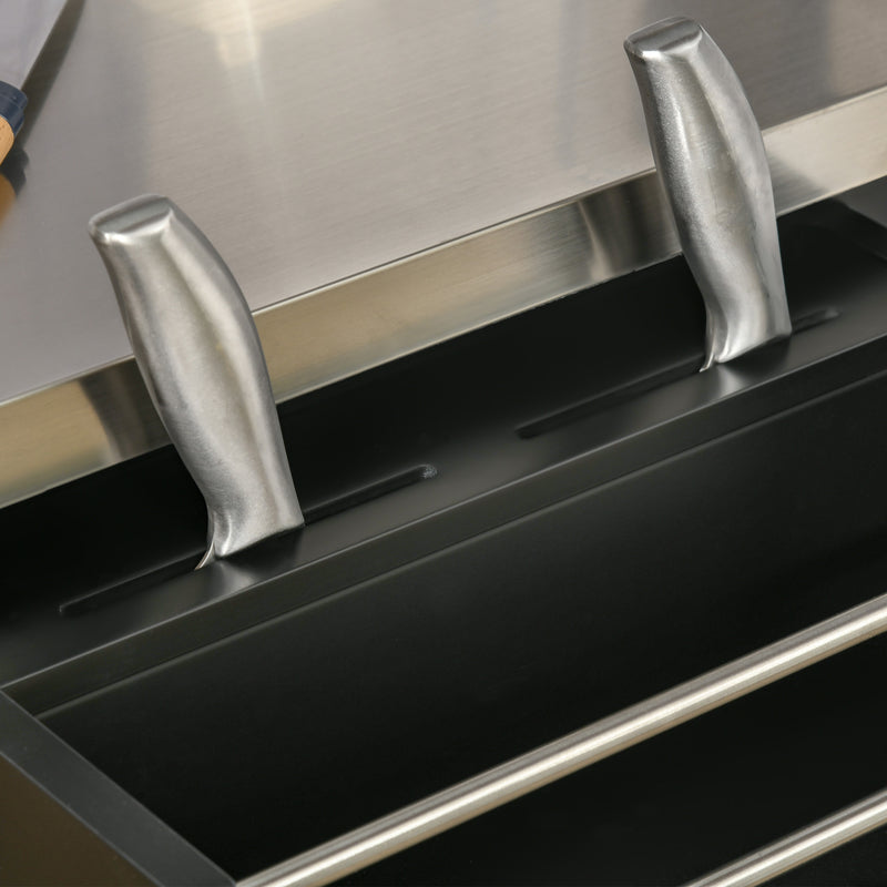 Black Wooden Kitchen Island Trolley With Stainless Steel Top And Storage Drawer On Wheels