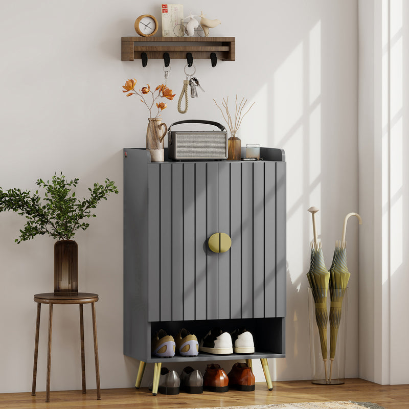 Narrow Shoe Cabinet for Hallway Storage with Adjustable Shelves and Top Tray Grey