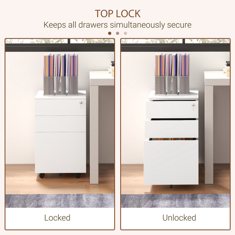 3 Drawer Steel Filing Cabinet with Lock Pencil Tray and Wheels for Home Office Use White