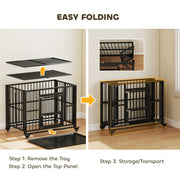 Heavy Duty Foldable Dog Crate With Wheels Open Top and Tray for Large Dogs, Black