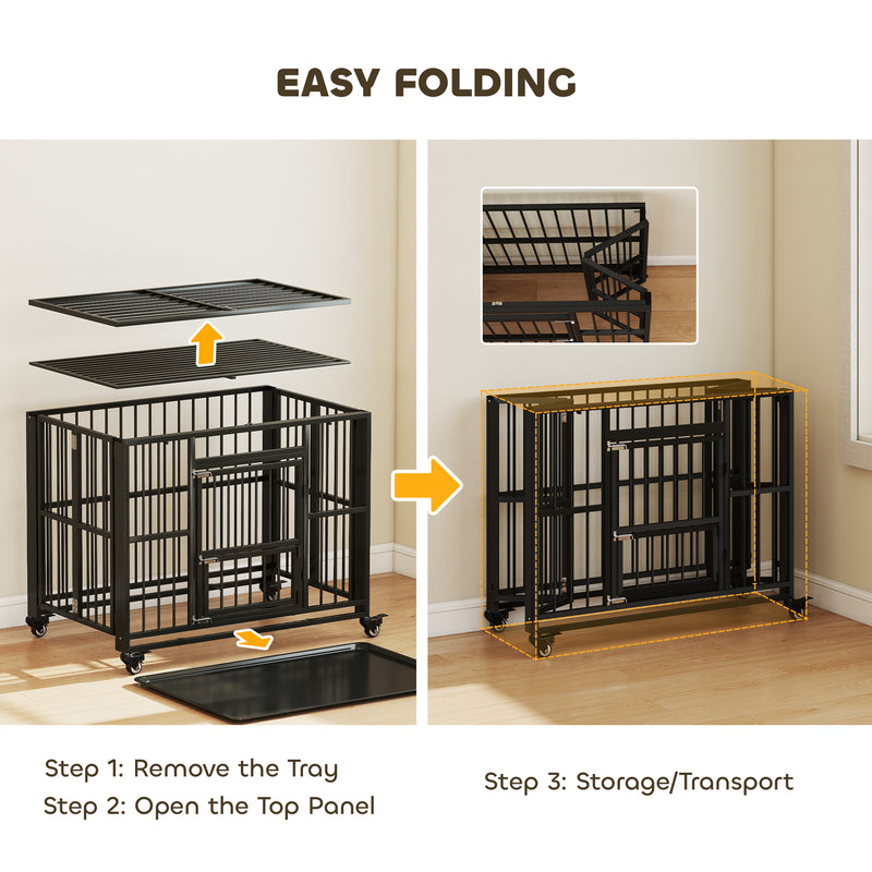 Heavy Duty Foldable Dog Crate With Wheels Open Top and Tray for Large Dogs, Black
