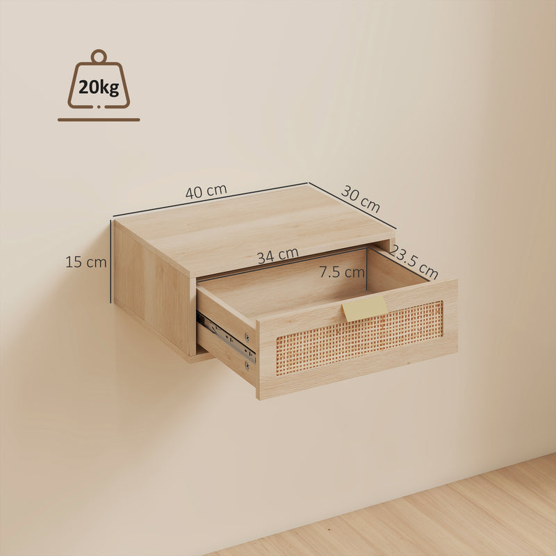 Floating Bedside Tables Set of 2 for Clutter Free Bedroom with Rattan Drawer Oak AOSOM