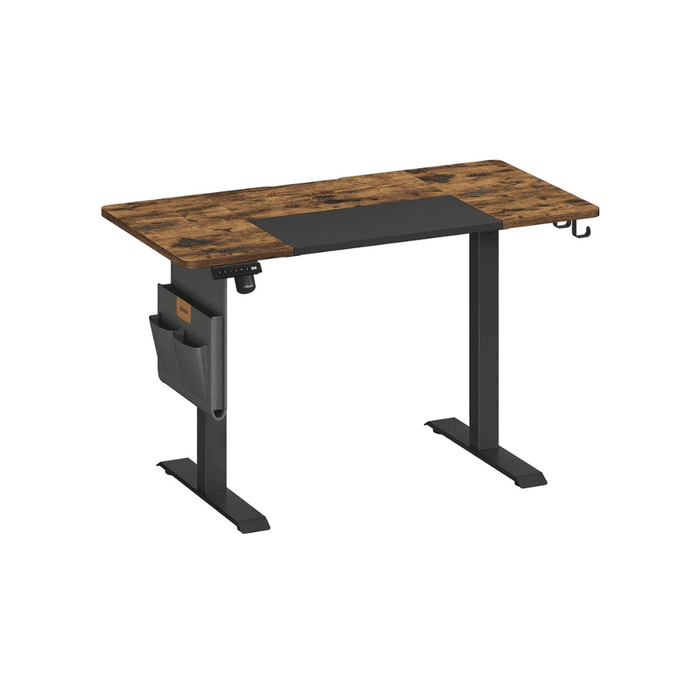 Image of a Vasagle Electric Height Adjustable Standing Desk With a Rustic Brown Tabletop, Black Metal Frame and Legs and a Side Pouch For Books and Stationary