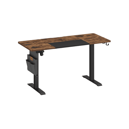 Image of a Vasagle Electric Height Adjustable Standing Desk With a Rustic Brown Tabletop, Black Metal Frame and Legs and a Side Pouch For Books and Stationary