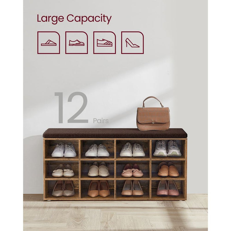 Vasagle Entryway Shoe Storage Bench with Cushion, Rustic Brown