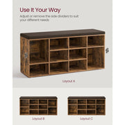 Vasagle Entryway Shoe Storage Bench with Cushion, Rustic Brown