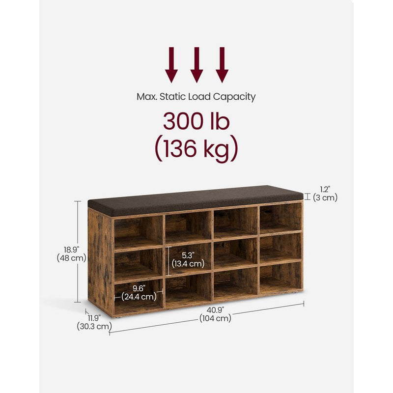 Vasagle Entryway Shoe Storage Bench with Cushion, Rustic Brown
