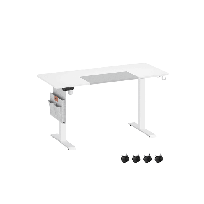 Image of a Vasagle White Height Adjustable Office Desk With a Grey Storage Pouch for Books and Stationary.