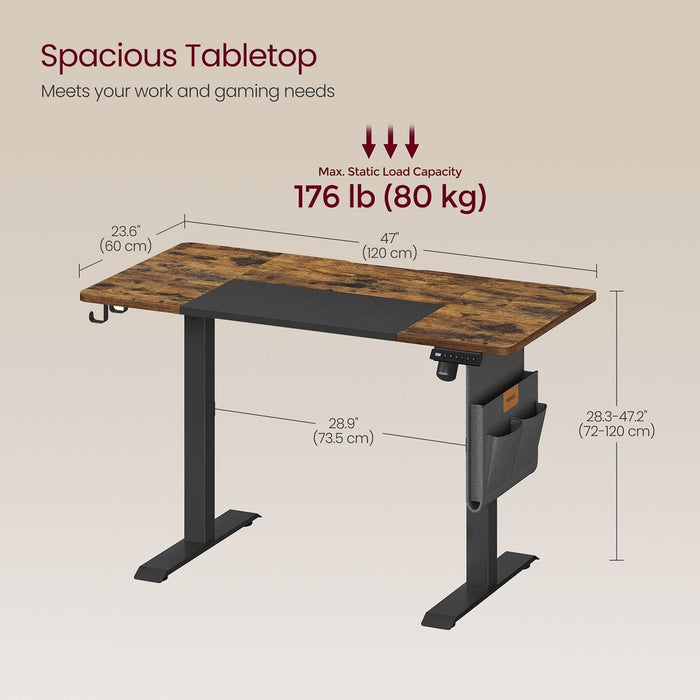 Image of a Vasagle Electric Height Adjustable Standing Desk With a Rustic Brown Tabletop, Black Metal Frame and Legs and a Side Pouch For Books and Stationary