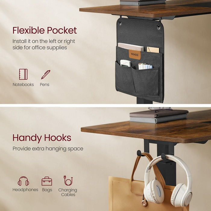 Image of a Vasagle Electric Height Adjustable Standing Desk With a Rustic Brown Tabletop, Black Metal Frame and Legs and a Side Pouch For Books and Stationary