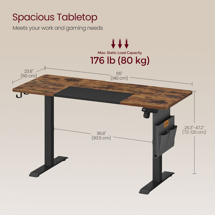 Image of a Vasagle Electric Height Adjustable Standing Desk With a Rustic Brown Tabletop, Black Metal Frame and Legs and a Side Pouch For Books and Stationary