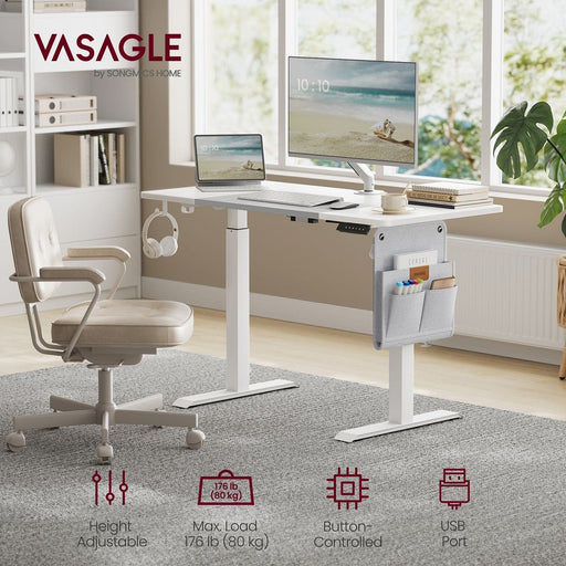 Image of a Vasagle White Height Adjustable Office Desk With a Grey Storage Pouch for Books and Stationary.