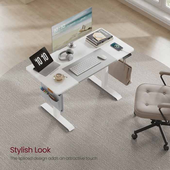 Image of a Vasagle White Height Adjustable Office Desk With a Grey Storage Pouch for Books and Stationary.