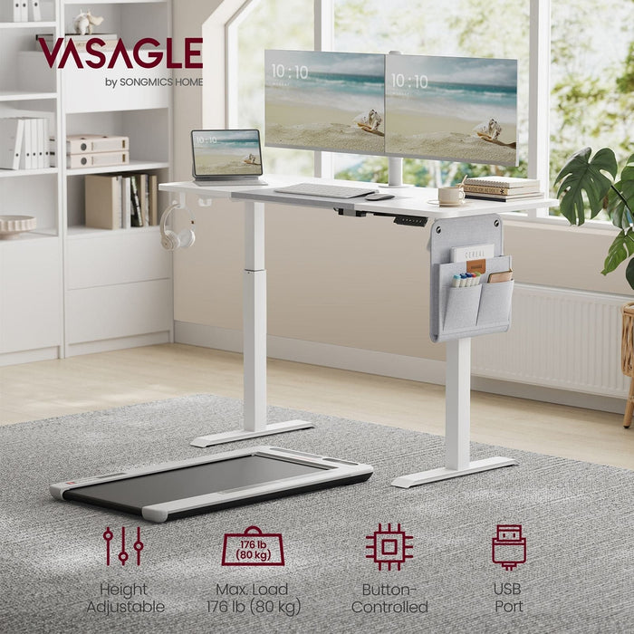 Image of a Vasagle White Height Adjustable Office Desk With a Grey Storage Pouch for Books and Stationary.