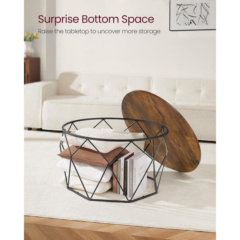 Vasagle Round Industrial Coffee Table With Geometric Storage Base - Perfect For Smaller Living Rooms