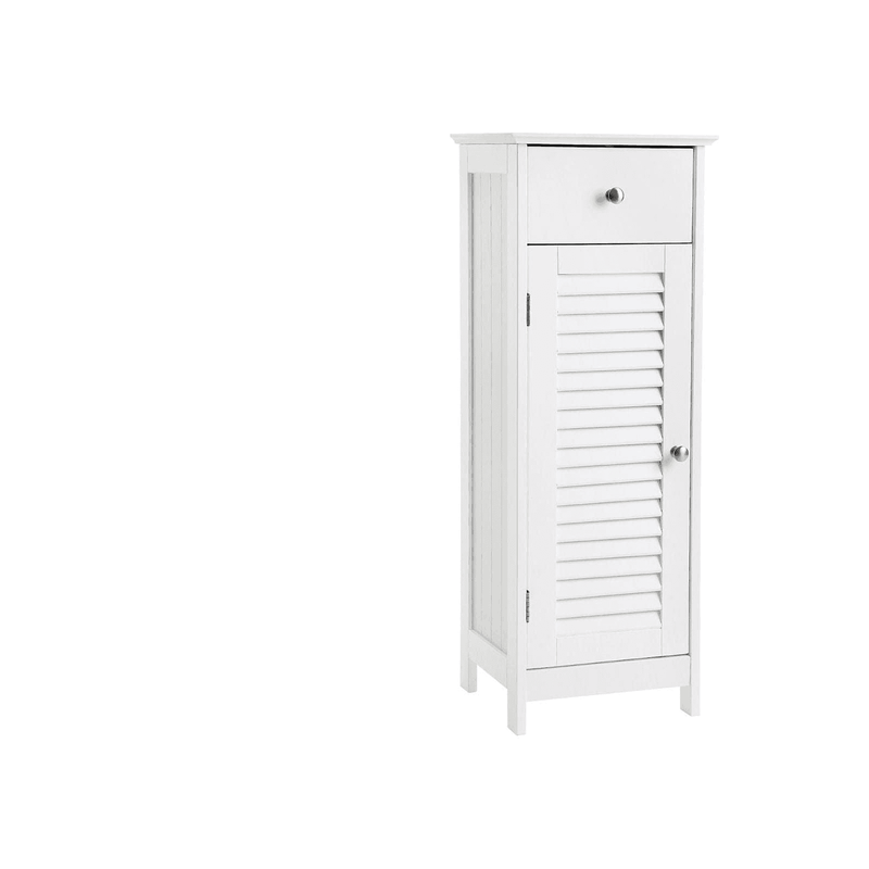 Vasagle White Freestanding Bathroom Floor Cabinet With Single Drawer and a cabinet with louvered door and chrome handles