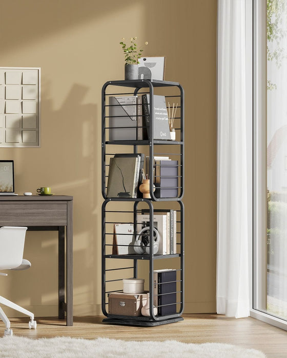 Image of a 360 rotating bookshelf with 4 shelves. The bookcase features a modern black metal frame with black wooden shelves and bars on the side. This is a very stylish bookcase that can be used around the home or office.