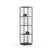 Image of a 360 rotating bookshelf with 4 shelves. The bookcase features a modern black metal frame with black wooden shelves and bars on the side. This is a very stylish bookcase that can be used around the home or office.