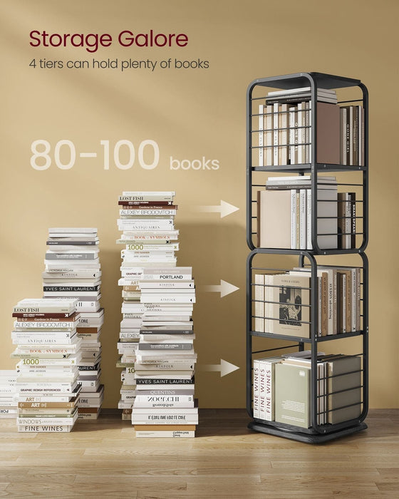 Image of a 360 rotating bookshelf with 4 shelves. The bookcase features a modern black metal frame with black wooden shelves and bars on the side. This is a very stylish bookcase that can be used around the home or office.