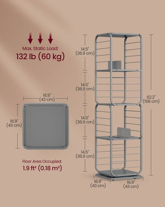 Image of a grey 360 rotating bookshelf with 4 shelves. The bookcase features a modern metal frame with wooden shelves and bars on the side. This is a very stylish bookcase that can be used around the home or office.