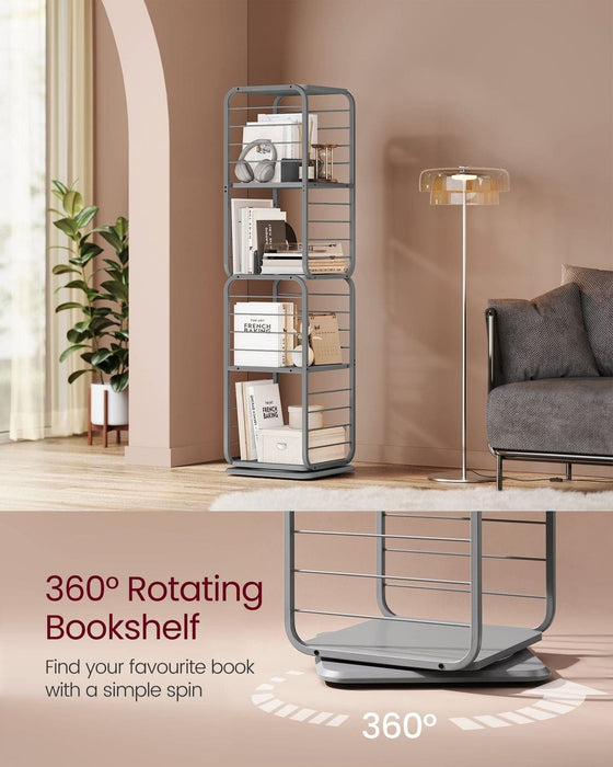 Image of a grey 360 rotating bookshelf with 4 shelves. The bookcase features a modern metal frame with wooden shelves and bars on the side. This is a very stylish bookcase that can be used around the home or office.