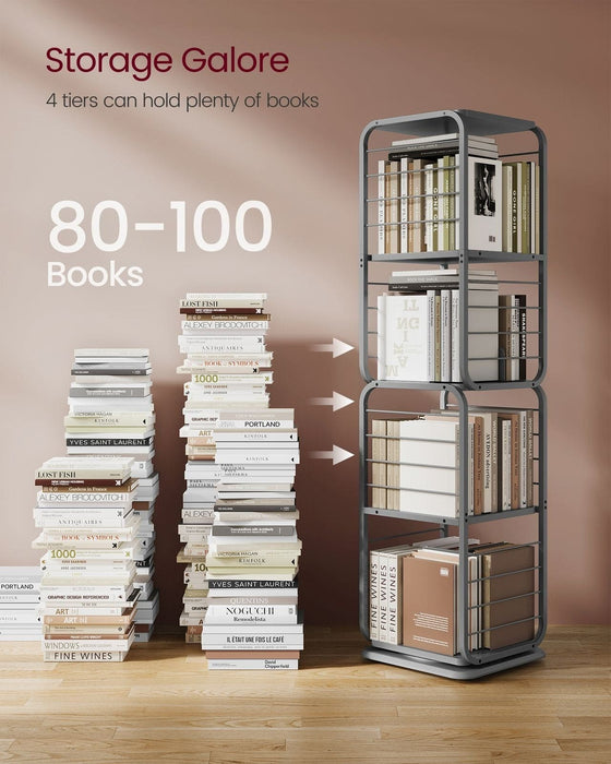 Image of a grey 360 rotating bookshelf with 4 shelves. The bookcase features a modern metal frame with wooden shelves and bars on the side. This is a very stylish bookcase that can be used around the home or office.