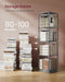 Image of a grey 360 rotating bookshelf with 4 shelves. The bookcase features a modern metal frame with wooden shelves and bars on the side. This is a very stylish bookcase that can be used around the home or office.