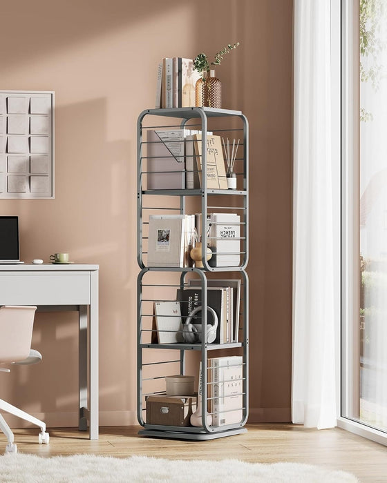 Image of a grey 360 rotating bookshelf with 4 shelves. The bookcase features a modern metal frame with wooden shelves and bars on the side. This is a very stylish bookcase that can be used around the home or office.