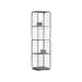 Image of a grey 360 rotating bookshelf with 4 shelves. The bookcase features a modern metal frame with wooden shelves and bars on the side. This is a very stylish bookcase that can be used around the home or office.