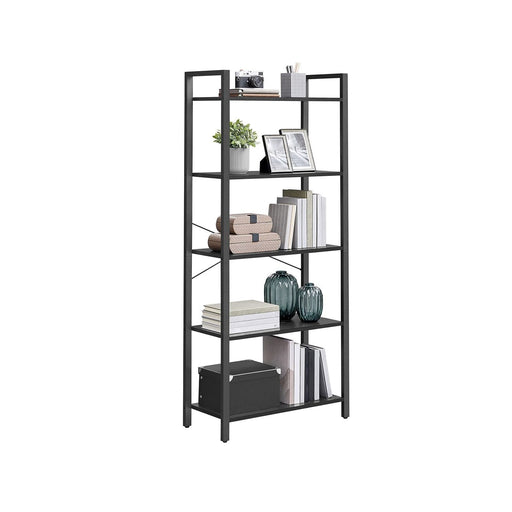 Image of a Vasagle 5 Tier Black Bookshelf. This stylish industrial style bookshelf has a black steel frame and black shelves.  