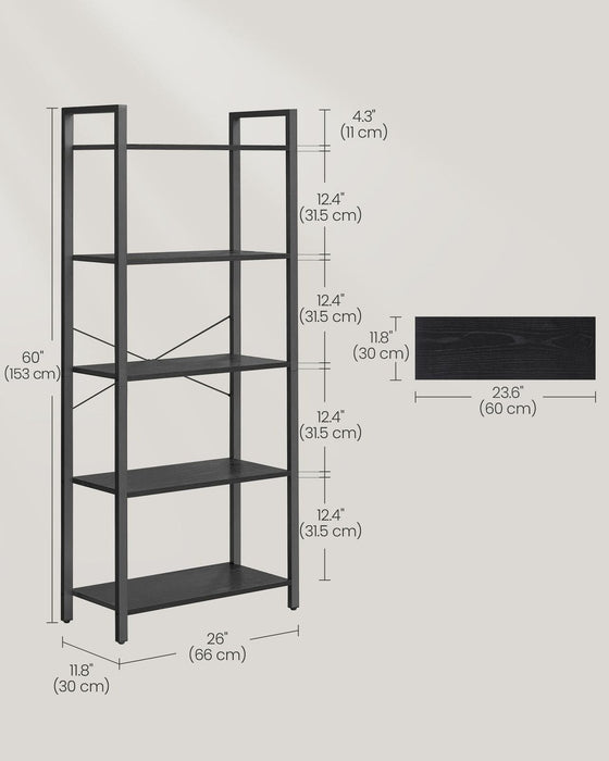 Image of a Vasagle 5 Tier Black Bookshelf. This stylish industrial style bookshelf has a black steel frame and black shelves.  