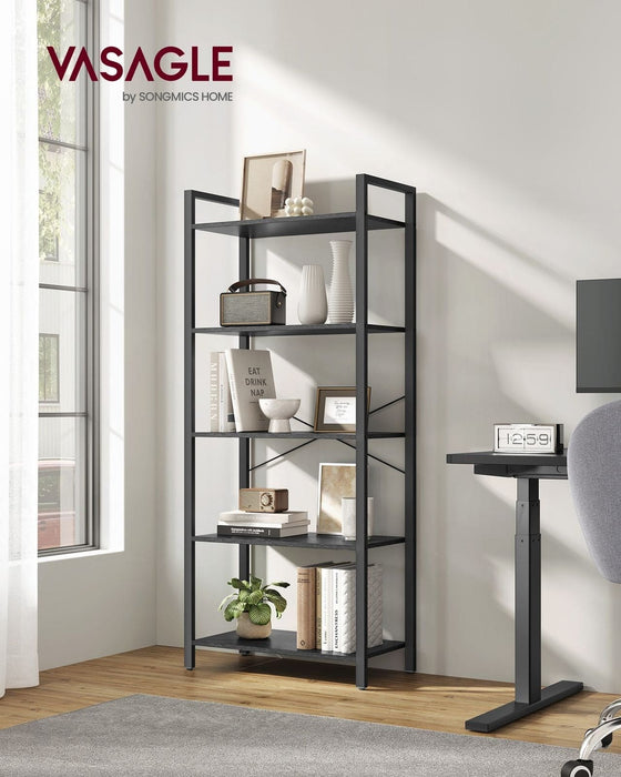 Image of a Vasagle 5 Tier Black Bookshelf. This stylish industrial style bookshelf has a black steel frame and black shelves.  