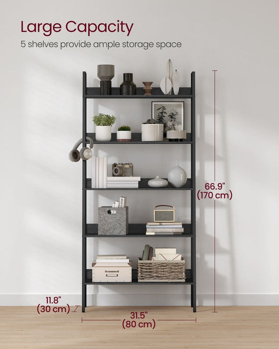 Image of a Vasagle black ladder bookshelf with 5 open shelves for storage and displaying books and home decor.